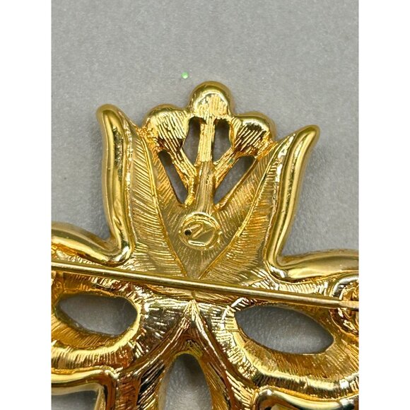 Swarovski Swan Signed Orchid Brooch Gold Tone & Clear Crystals Flower Pin - Picture 6 of 7